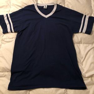 Navy blue and white v neck ringer T-shirt.